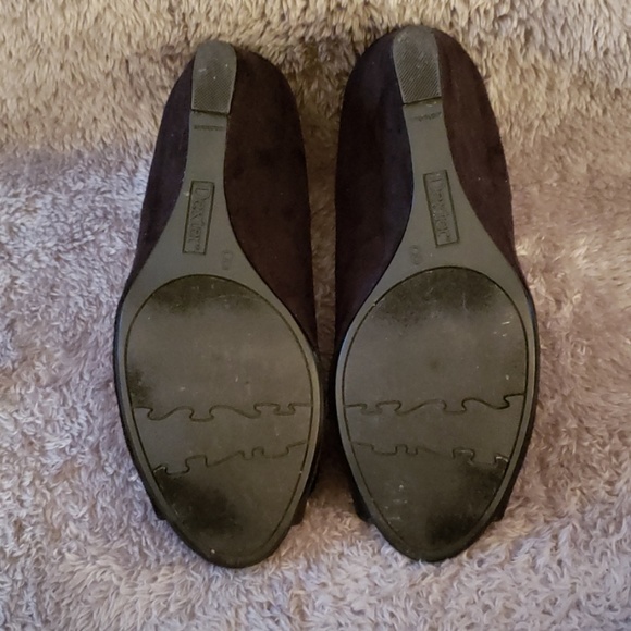 Dexter Black Suede Peep Toe Wedges - Picture 4 of 5